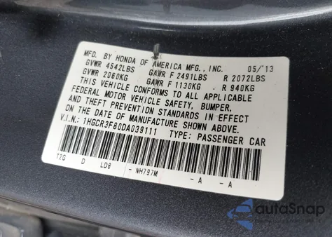 2013 Honda Accord Ex-L V-6 from USA, damaged, VIN 1HGCR3F80DA039111